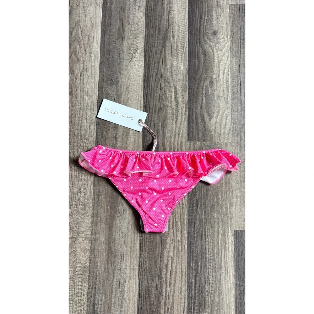 $95 NWT LoveShackFancy Girls Bikini Bright Pink Multi Polka Dot Ruffle Size 3-4Y
